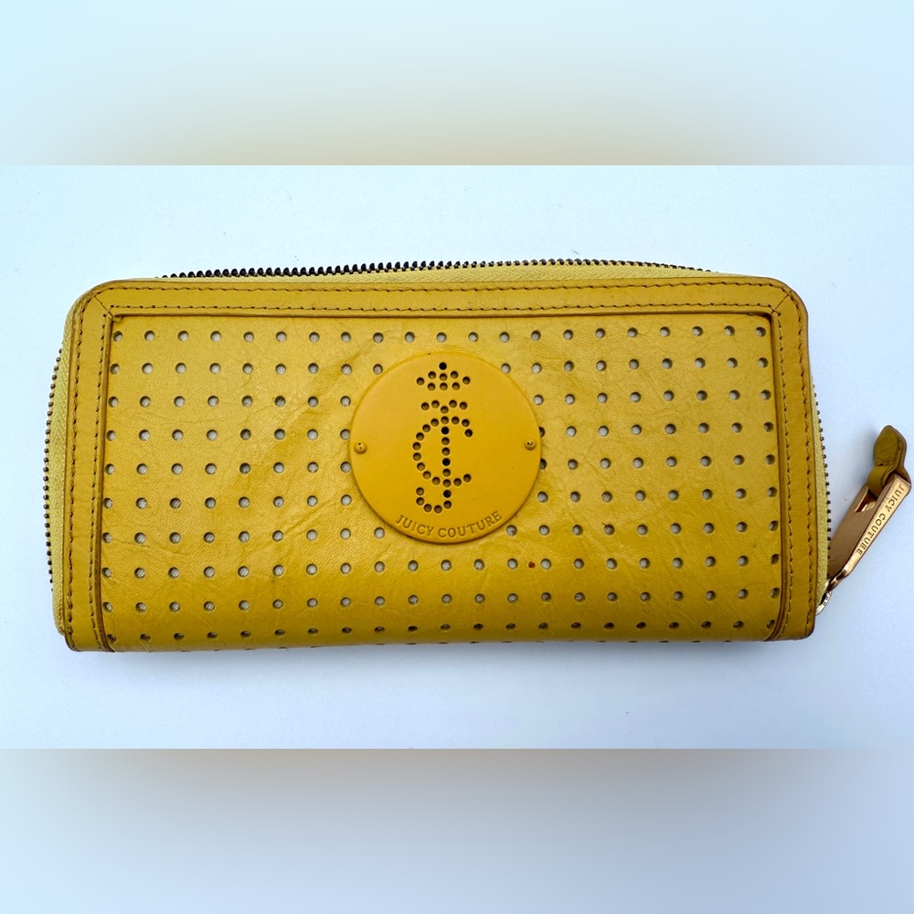 Juicy Couture Mustard Yellow Perforated Zippered Wallet Vintage Leather
